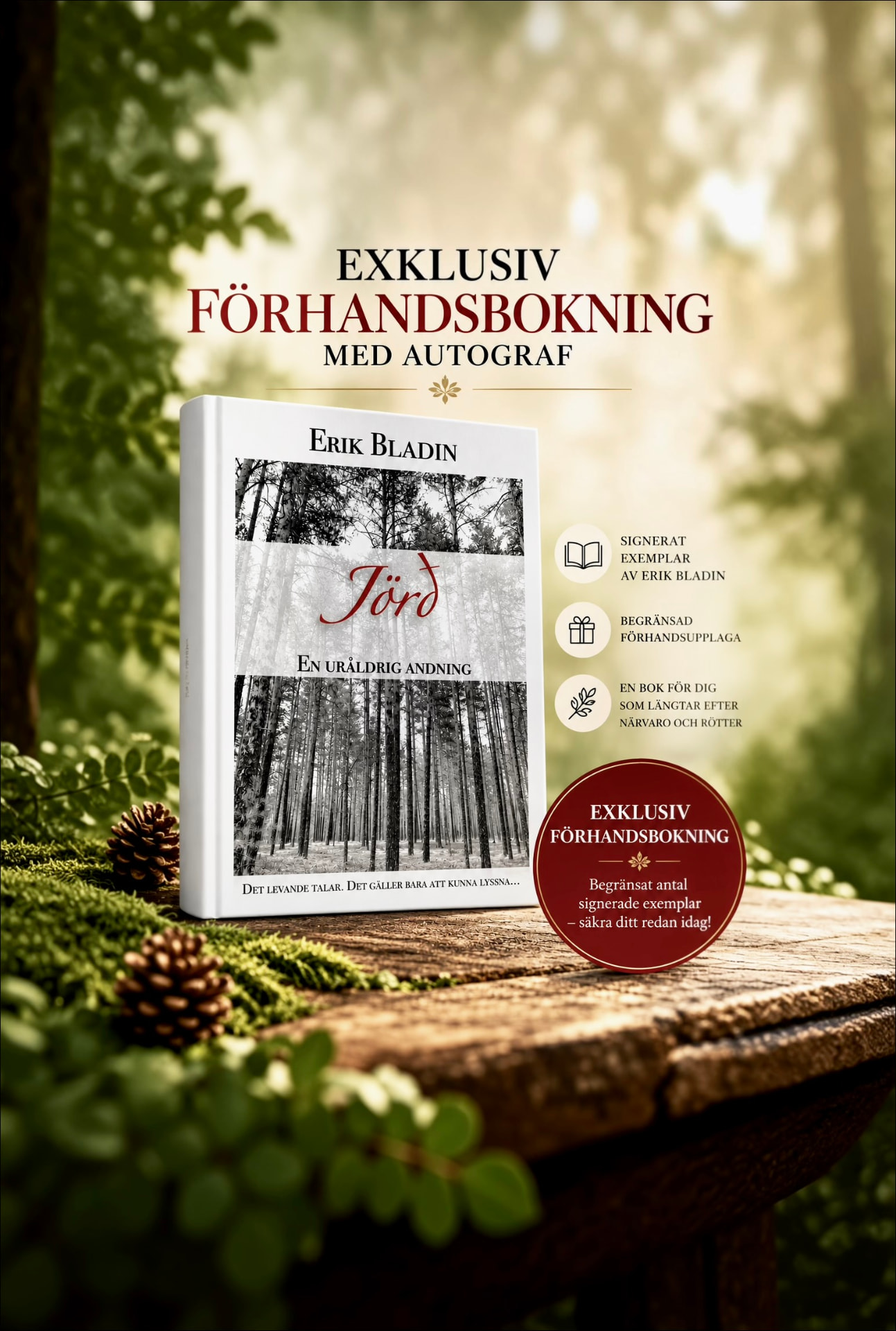 Bokomslaget till Jörð – En uråldrig andning av Erik Bladin, i en skogsmiljö
